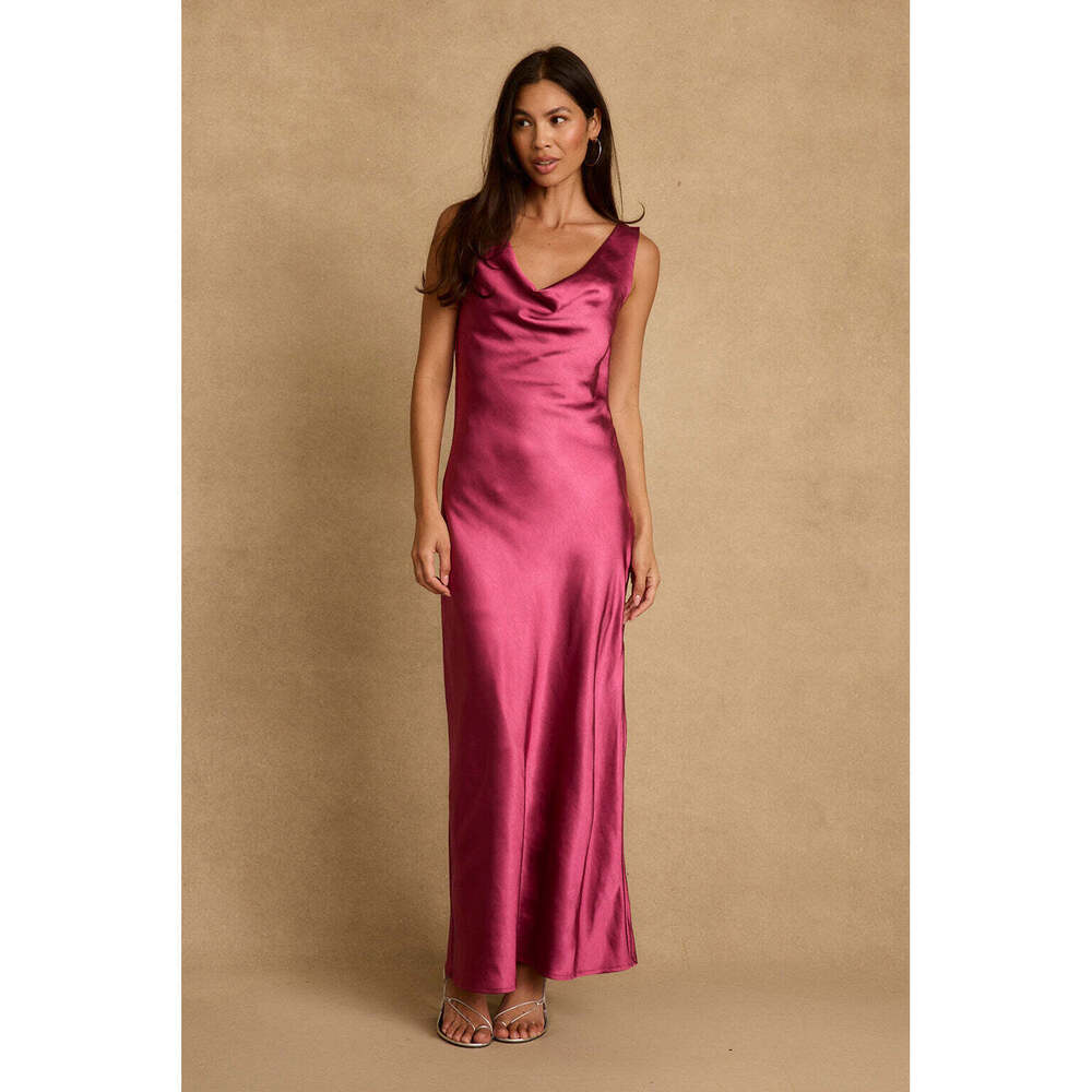 12th Tribe Dolce Fuchsia Satin Maxi Dress Size S